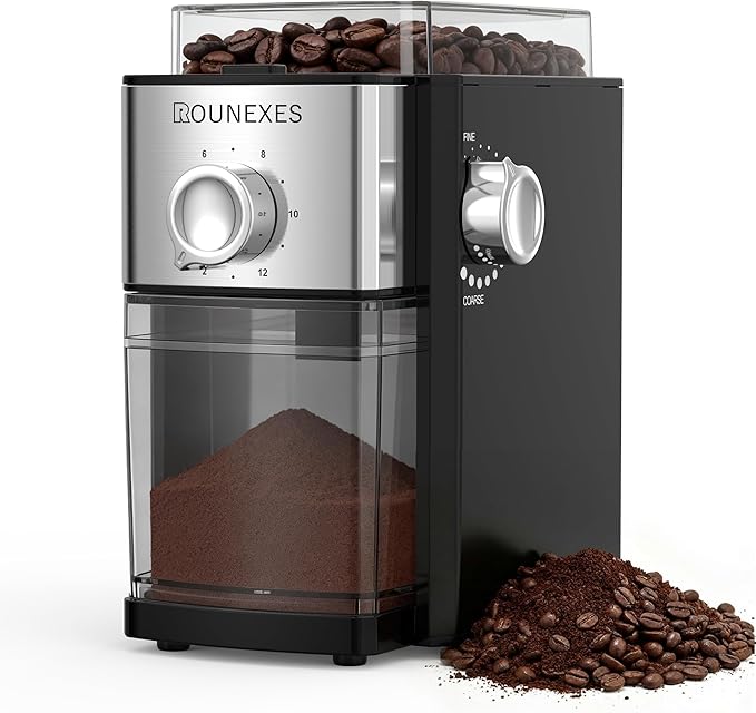 Electric Flat Burr Coffee Grinder, Compact Coffee Grinder for Home Use, Burr Mill Grinder with 17 Precise Grind Settings, 7oz Large Hopper, Removable Burr & Coffee Container