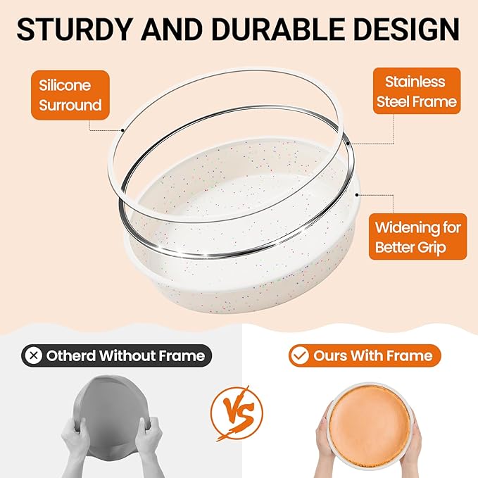 SJ 6, 8, 10 Inch Silicone Round Cake Pan with Metal Reinforced Frame Set of 3, Nonstick Silicone Cake Mold for Baking Suitable for Making Layers, Cheese & Chocolate Cakes