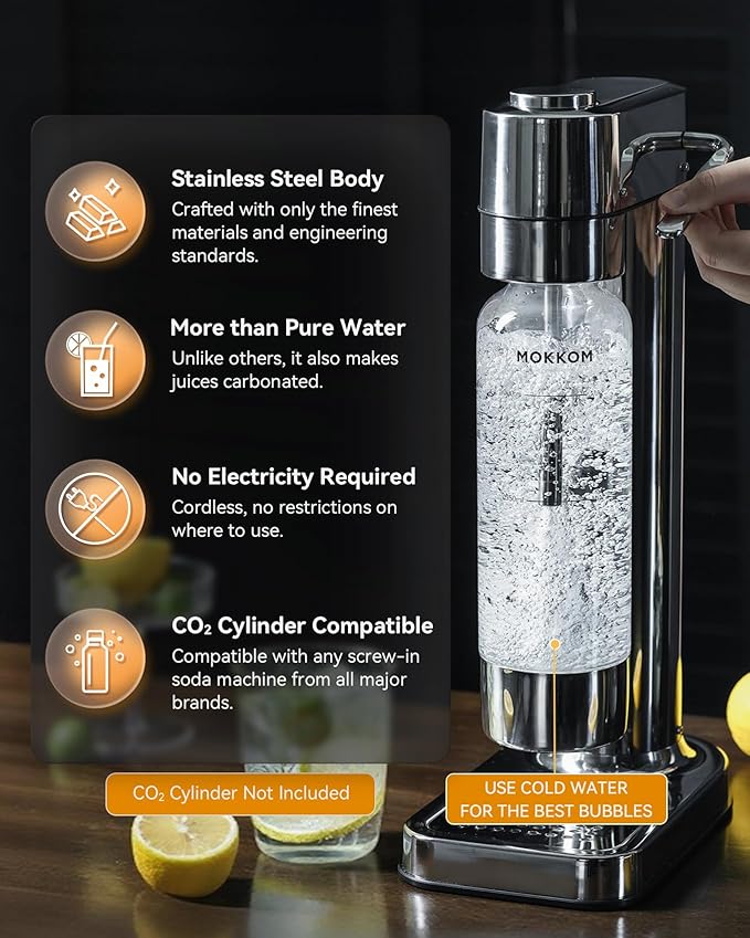 MOKKOM Sparkling Water Maker Soda Maker Soda Streaming Machine for Carbonating with 1L Carbonating Bottle, Compatible with Any Screw-in 60L CO2 Carbonator(NOT Included)
