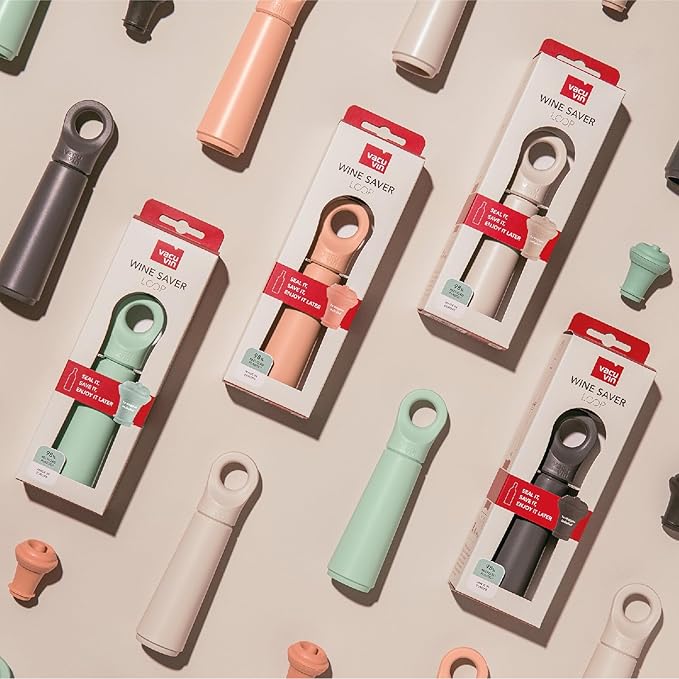 Vacu Vin Wine Saver Loop - Designed and Made in the Netherlands - Vacuum Wine Stopper Keeps Your Wine Fresh for up to 10 Days - Reusable, Made with 98% Recycled Material - 1 Pump, 5 Stoppers, Sand