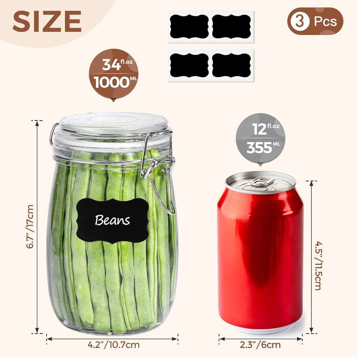 ComSaf Airtight Glass Canister Set of 3 with Lids 34oz Food Storage Jar Round - Storage Container with Clear Preserving Seal Wire Clip Fastening for Kitchen Canning Cereal,Pasta,Sugar,Beans,Spice
