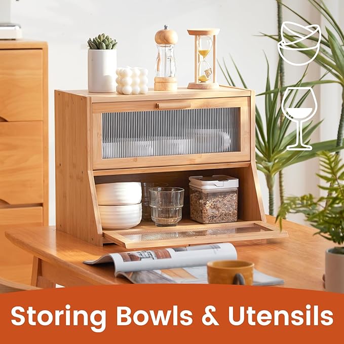 GHWIE Double Layer Bamboo Bread Box for Kitchen Counter,Large Capacity Bread Storage Bin,Bread Container with Acrylic Wavy Door Panel (Natural, Medium)