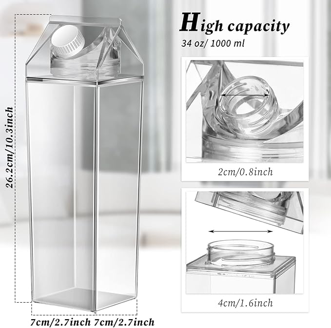 Remerry 3 Pcs Milk Carton Water Bottle Square Plastic Coffee Portable Reusable Milk Carton Cup Leakproof Juice Bottle