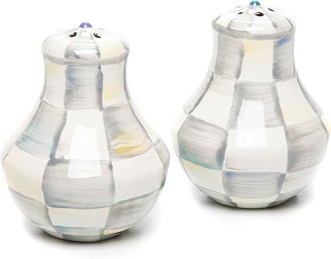MACKENZIE-CHILDS Enamel Salt and Pepper Shakers, Farmhouse Kitchen Decor and Accessories, Small, Gray-and-White Sterling Check