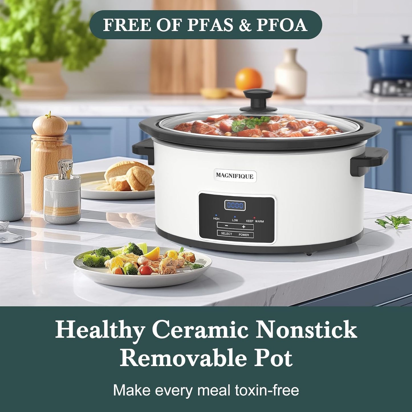 6-Quart Programmable Slow Cooker with Timer Keep Warm - Small Kitchen Appliance for Family Dinners - Serves 6+ People - Heat Settings: Keep Warm(White, Black Liner)