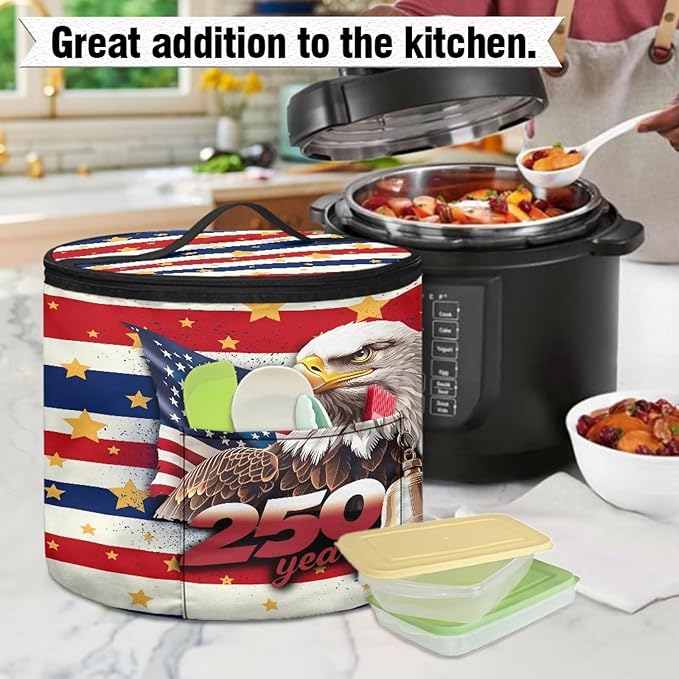 Stars and Stripes Electric Pressure Cooker for America250 Semiquincentennia Bald Eagle Insulation Handbag Keep Appliance Clean Electric Pressure Cooker Bag with Accessories Pockets