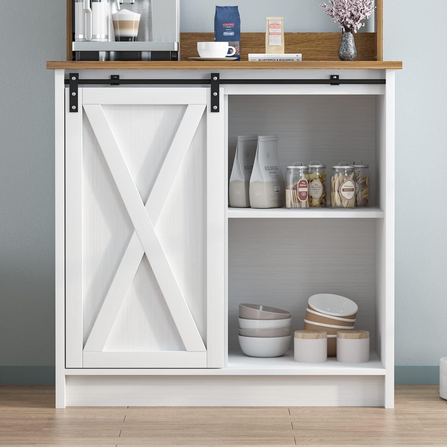 4ever2buy Farmhouse Coffee Bar Cabinet with Storage, White Coffee Bar with Hutch and 6 Hooks, 31.5 Inch Hutch Cabinet with Sliding Barn Door and Adjustable Shelves for Living Room