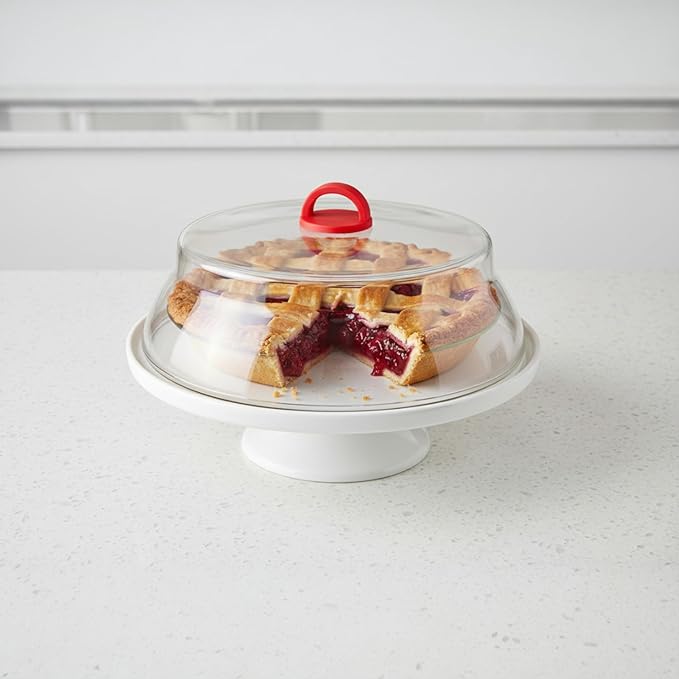 10 Inch Microwave Tempered Borosilicate Glass Plate Cover with Red Easy-Grip Silicone Handle - Unvented to Steam Food -Microwaveable/Oven/Stove Safe - Red Silicone Handle for Safe Easy Grip