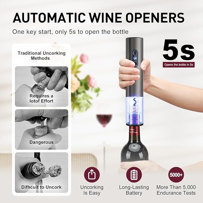 Electric Wine Opener, Rechargeable Cordless Wine Accessories, Stainless Steel Cordless Automatic Wine Bottle Corkscrew with Vacuum Stoppers, Foil Cutter for Home Party Wedding, Bars(Gray)