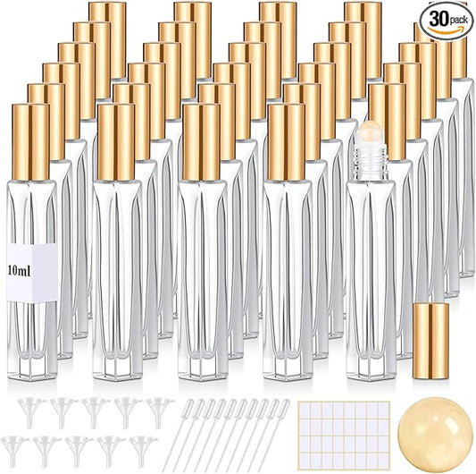 Domensi 30 Pack 10ml/0.34oz Glass Essential Oil Roller Bottles with Gold Quartz Roller Ball, Refillable Leak-proof Travel Perfume Roll on Bottles for DIY Aromatherapy, Skincare & Samples