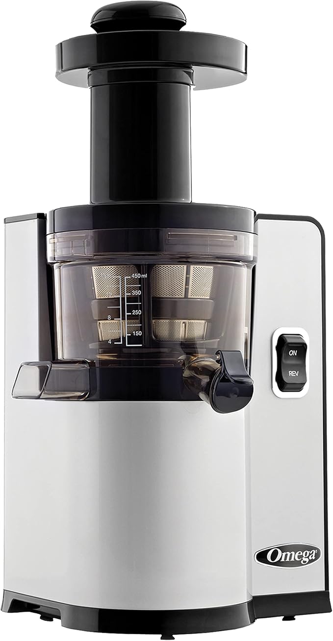 Omega Juicer Cold Press Vertical 43 RPM Slow Masticating Compact Juice Extractor for Fruits and Vegetables Quiet Operation with 3 Stage Auger Automatic Pulp Ejection and No-Drip Tap, 150-Watts, Silver