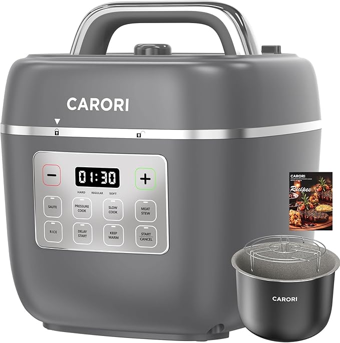 3QT Electric Pressure Cooker, 8-Function Compact Multi-Cooker with Ceramic Nonstick Pot – Saute, Pressure Cook, Slow Cook, Meat Stew, Rice, Delay Start, Keep Warm & Safe Venting, Gray