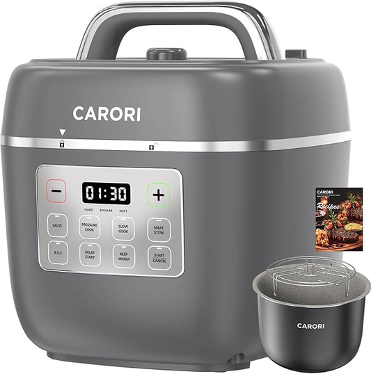 3QT Electric Pressure Cooker, 8-Function Compact Multi-Cooker with Ceramic Nonstick Pot – Saute, Pressure Cook, Slow Cook, Meat Stew, Rice, Delay Start, Keep Warm & Safe Venting, Gray