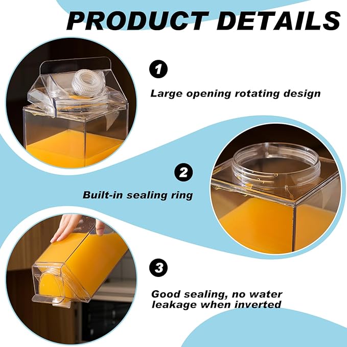 4 Pack 64 oz Large Milk Carton Water Bottle with Cleaning Brush Clear Plastic Milk Bottle Portable Leakproof Juice Container Reusable for Refrigerator for Outdoor Climbing Tour or Camping
