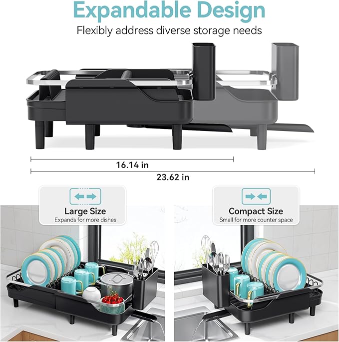 Urackify Expandable Dish Rack for Kitchen Counter,16.14"-23.62" Large Stainless Steel Dish Drying Rack with Adjustable Water Spout, Space Saving Dish Drainer with Auto Draining Cutlery Holder,Black