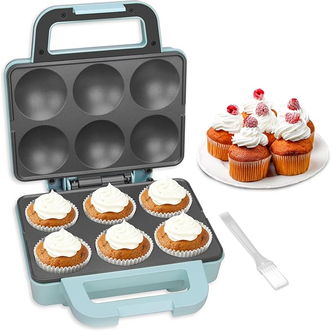 SugarWhisk 6-Count Cupcake Maker Machine, Bakes 6 X 2.5 Inch Cupcakes, Muffins, Pizza Cups, Cinnamon Buns, Cool-touch Handle, Non-stick Coating, Recipe Included, Aqua