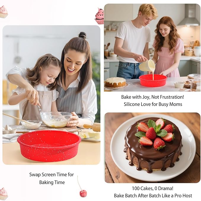 SJ 8 Inch Silicone Round Cake Pan with Metal Reinforced Frame Set of 2, Nonstick Silicone Cake Mold for Baking Suitable for Making Layers, Cheese & Chocolate Cakes for Christmas