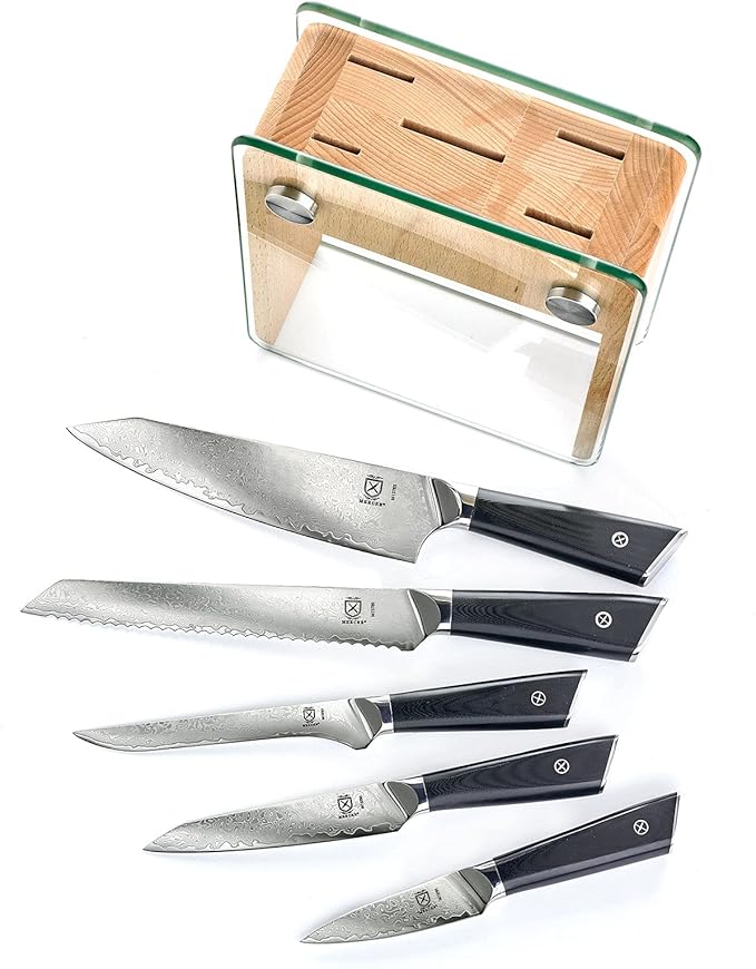 Mercer Culinary Premium Grade Super Steel 6-Piece Knife Set with Glass/Wood Block Stand, G10 Handles