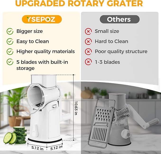 7 IN 1 Upgraded Rotary Cheese Grater with Handle – Vegetable Shredder with Built-in Storage Blade Slot, 5 Versatile Blades, Strong Suction Base Round Mandoline Slicer, Food Chopper for Kitchen