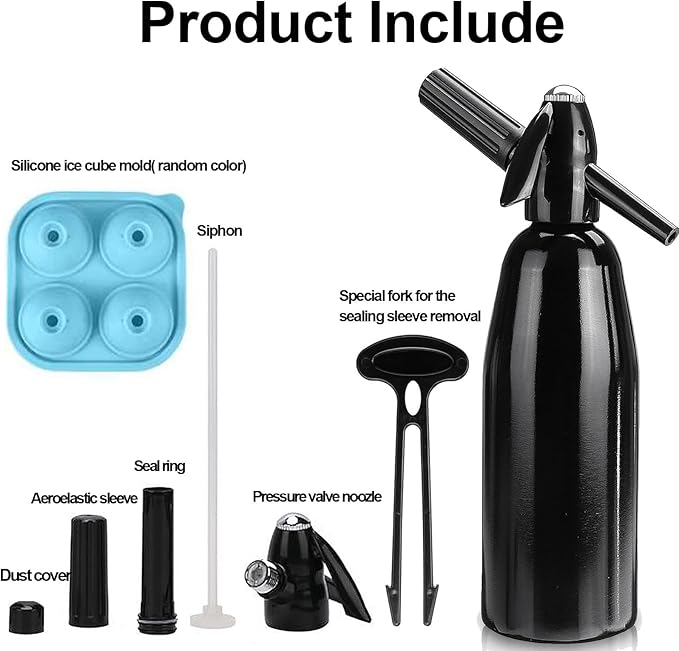 Soda Siphon,1L Sparkling Water and Soda Maker, Portable Carbonated Water Machine, Aluminium Soda Maker for Home & Outdoor, for Cocktails DIY Any Drinks,(8 gram CO2 Cartridges Not Included)