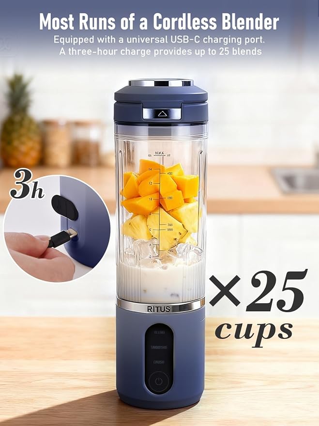 RITUS VORTEX Pro Portable Blender,Personal Blender w/Removable Vessel-for-Smoothies Blend Ice Crush 3 Programs,Cordless 20oz BPA Free Vessel Magnetic-Ring Dishwasher Safe, Leakproof，Navy