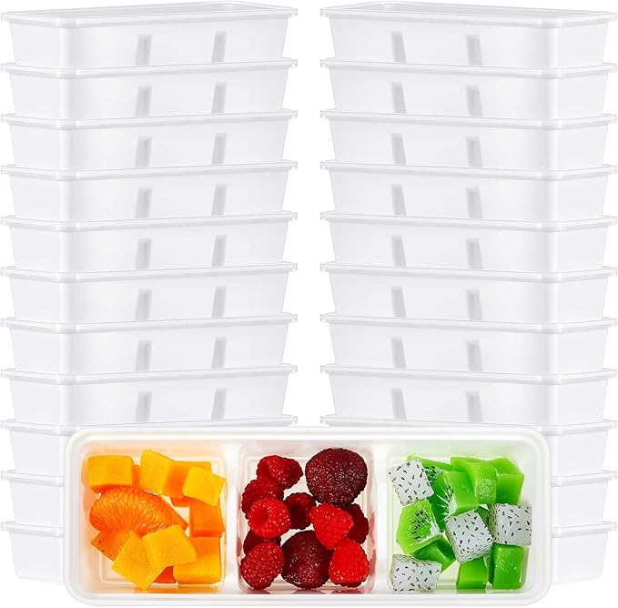 Hushee 25 Pack 17 oz Small Meal Prep Containers with 3 Compartments Snack Containers with Lid Disposable Plastic Bento Box Travel Lunch Food Boxes Stackable for Office Picnic (White)
