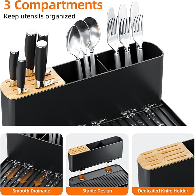 Urackify Large Dish Drying Rack, Expandable Dish Racks for Kitchen Counter, Multifunctional Dish Drainer with Utensil Holder & Cup Holder, 18.5"-26.7" L x 12.7" W, Black