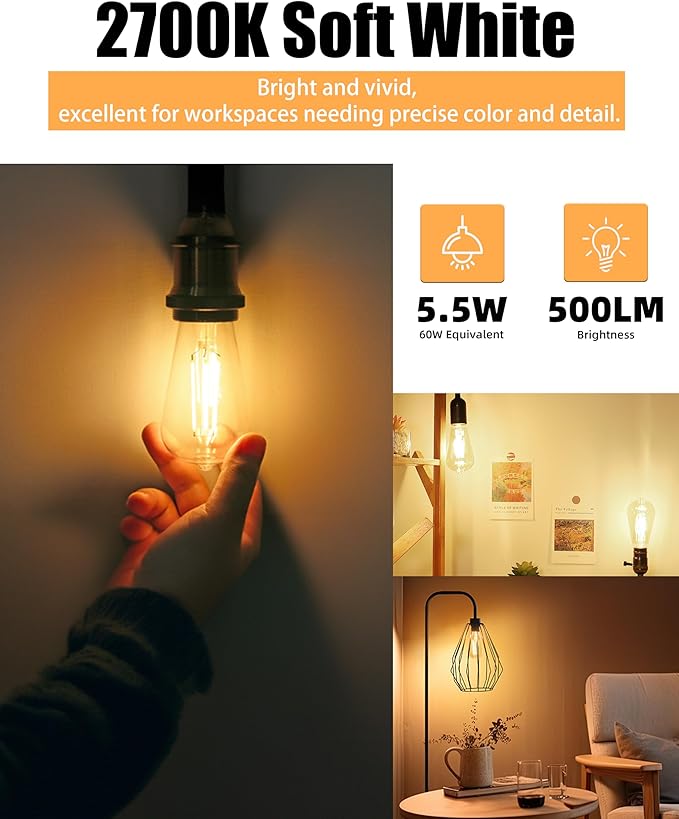 Lumiverse 60 Pack E26 led Bulb 60 watt dimmable Vintage LED Edison Bulbs 5.5W, 60W Equivalent, 2700K Soft White, Antique Style ST19/ST58 LED Light Filament Bulbs, CRI 90+, E26 Base
