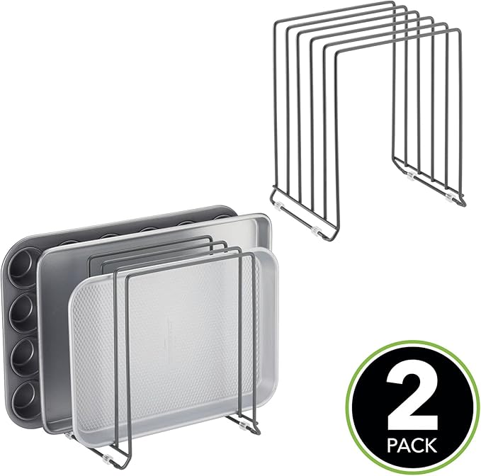 mDesign X-Large Steel Storage Tray Organizer Rack for Kitchen Cabinet, Divided Holder - 5 Slots for Skillets, Frying Pan, Pot Lids, Cutting Board, Baking Sheets, Concerto Collection, 2 Pack, Dark Gray