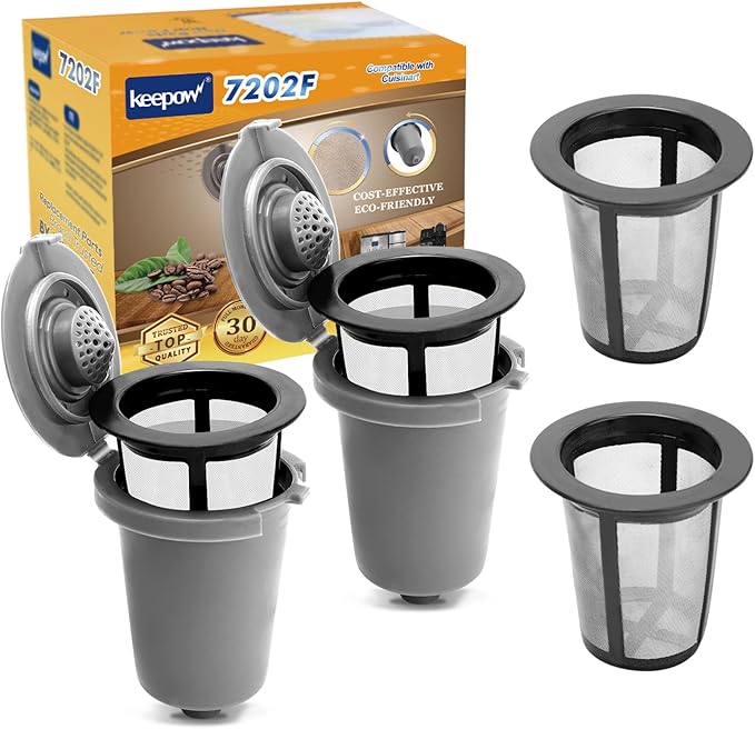 KEEPOW Reusable Filter Cup for Cuisinart Coffee Maker Filter Replacement Parts, Reusable Coffee Filters for Cuisinart Single Serve Coffee Maker for HomeBarista Reusable Filter Cup, 2+2 Pack, Gray