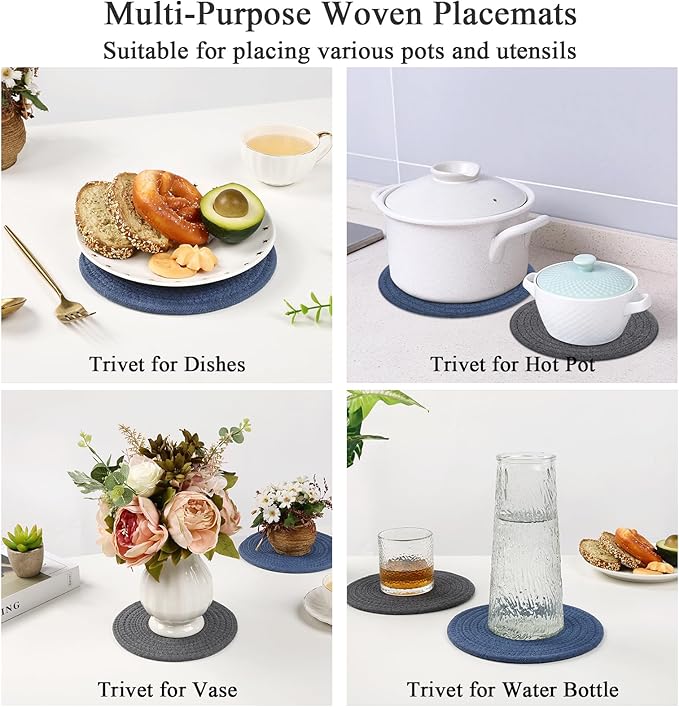 SHACOS 8 Inch Trivets for Hot Dishes, 4 Pcs Cotton Trivets Mats for Kitchen, Hot Pads for Countertops and Table, Heat-Resistant Pot Holders for Hot Pots and Pans(Blue+Dark Grey)