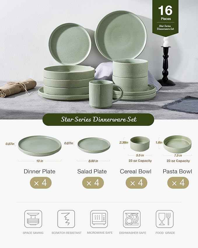 Famiware Star Stoneware Dinnerware Sets for 4 (16pcs), Chip Resistant, Microwave and Dishwasher Safe Complete Dishes, Pasta Bowl, Cereal Bowl, Dinner Plate, Salad Plate, Ribbed, Matte Sage Green