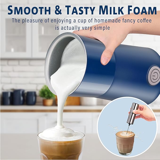 Huogary Milk Forther Simple Milk Frother and Steamer 2-in-1 Milk Steamer with Hot Milk Foam and Hot Milk for Latte, Macchiato, Cappuccinos, Blue