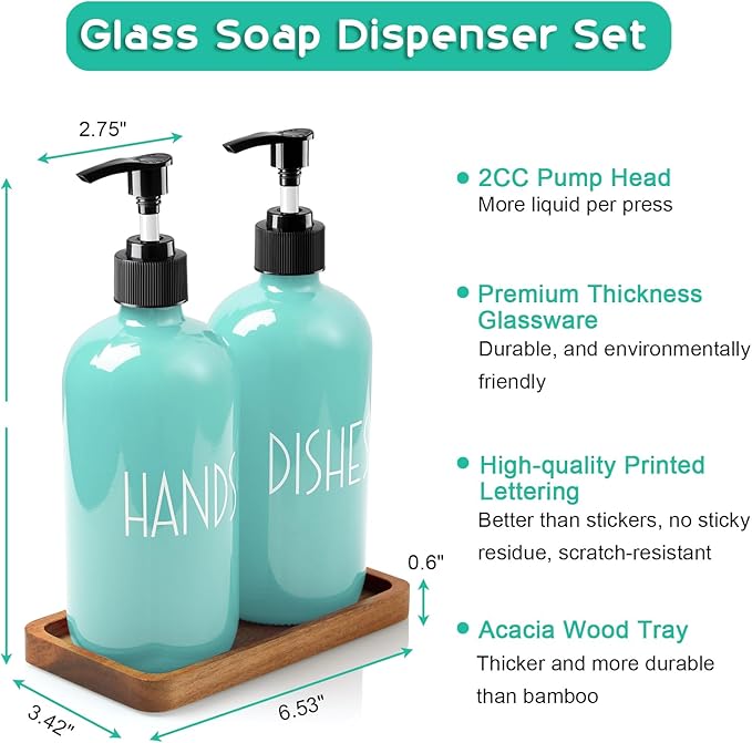 ALELION Turquoise Dish Soap Dispenser for Kitchen - 16 OZ Glass Hand Soap Dispenser Set with Pump and Acacia Wood Tray - Turquoise Kitchen Decor & Teal Kitchen Accessories