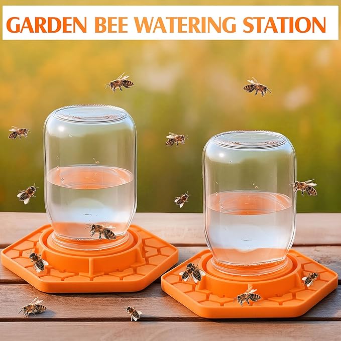 4 Pack Bee Feeder for Mason Jar Bee Watering Station Garden Silicone Sugar Water Feeder Beekeeping Drinking Equipment Tools with Mason Jars for Drinking Water(Orange,Hexagon)