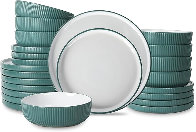 Christian Siriano Laro 24-Piece Stoneware Dinnerware Set, Plates and Bowls Set, Microwave and Dishwasher Safe, Dish Set for 8, Green