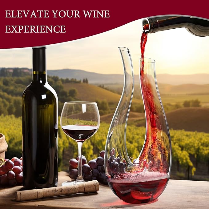 Hand-Blown Lead-Free Crystal Glass Wine Decanter – 750 ml Swan-Neck U-Shape Aerator | Luxury Gift Box, Drip-Free Pour Edge, Wide Stable Base, Easy-Clean Thin Neck | Elevate Dinners & Parties