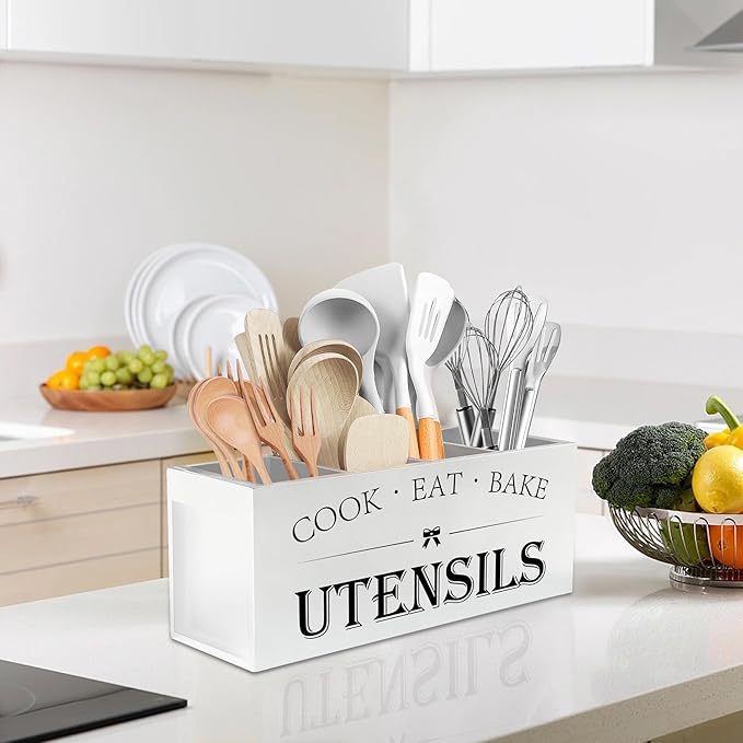 Suli Extra Large Kitchen Utensils Holder with 4 Compartments, Wooden Utensil Organizer for Countertop, Farmhouse Kitchen Decor, Rustic Cooking Utensil - White