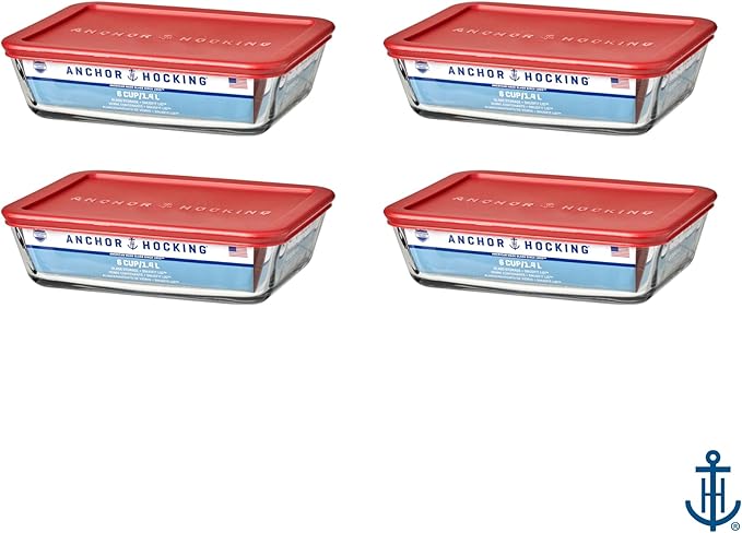 Anchor Hocking SnugFitTM Rectangular Food Storage Containers with Lids (4-Piece, 6-cup, Red, oven-safe)