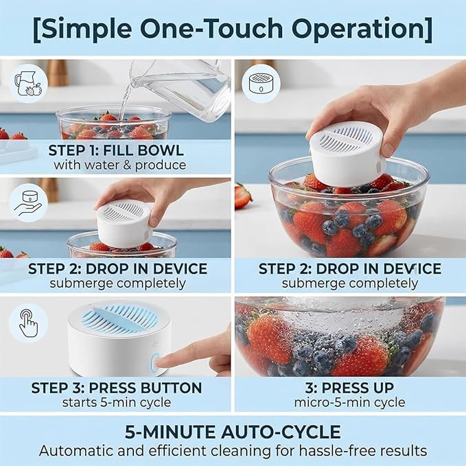 Genuine Premium Produce Cleaner, Fruit & Vegetable Cleaner Device, with Microbubble Electrolysis, Produce Machine-5-Min Auto Cleaning, Waterproof Food Purifier for Fruits, Vegetable (1PC)