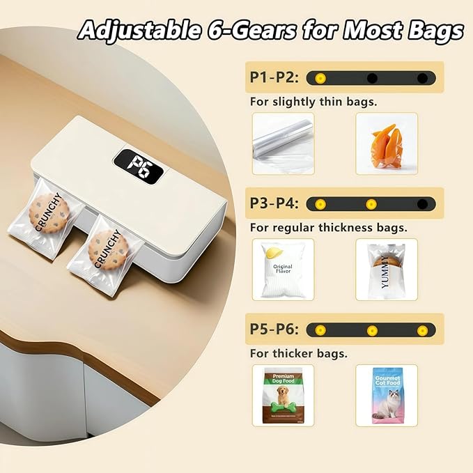 2026 New USB-C Rechargeable Mini Bag Sealer, One-Touch, Adjustable and Portable Freshness, 6-Level Adjustable Heat Sealer & Cutter, LED Display, Magnetic Base for Fridge & Kitchen (Mix)