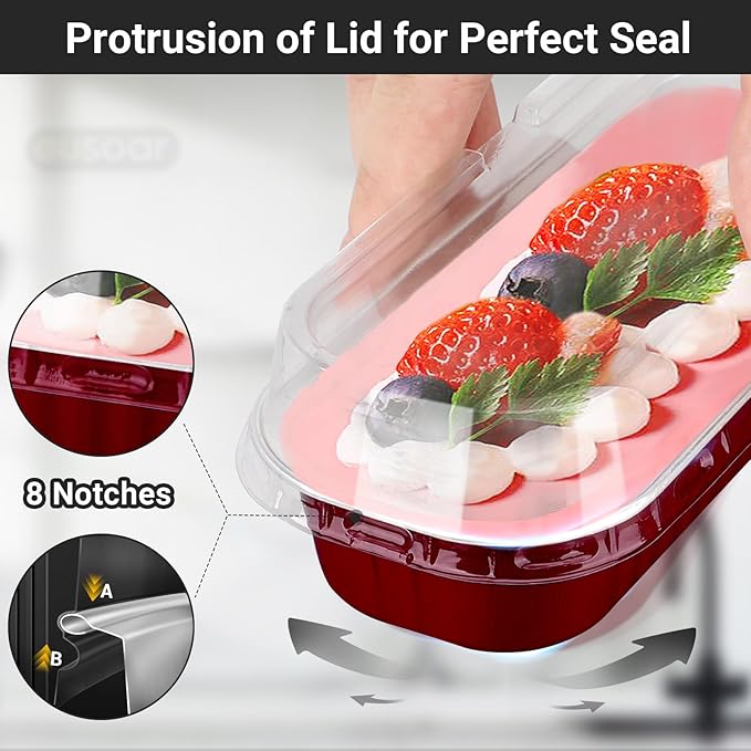 EUSOAR Mini Loaf Pans with Lids, 25pcs 6.8oz 6.5"x2.5"x1.2" Disposable Aluminum Foil Ramekins Cupcake Liners Tin with Lids，Cupcake Baking Cups Containers, Cheesecake Creme Brulee Ramekins Pan-Wine Red
