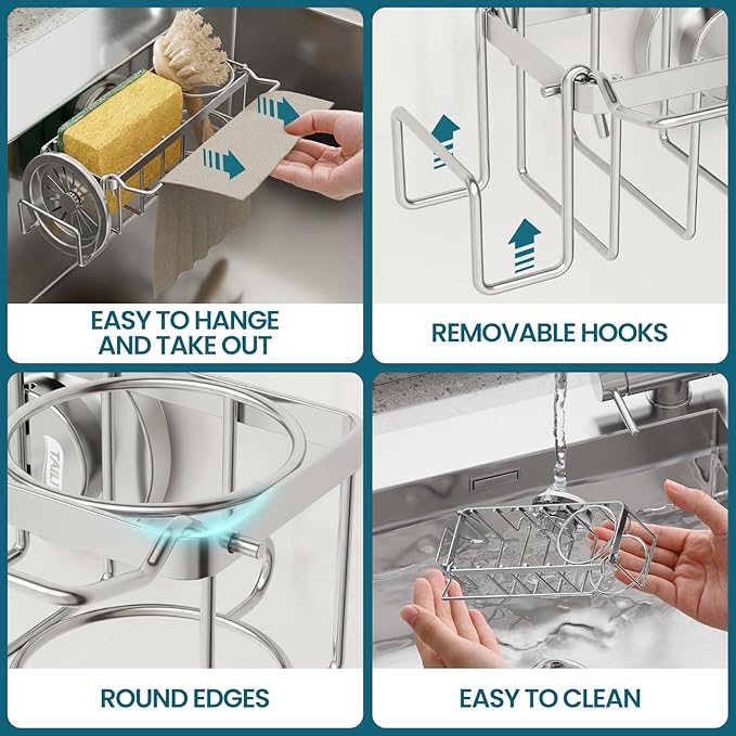 TAILI Sponge Holder with Strong Suction Cup, 4-in-1 Rustproof Sink Organizer - Sink Caddy Holds Sponges, Brushes, Stoppers & Scrapers -Silver
