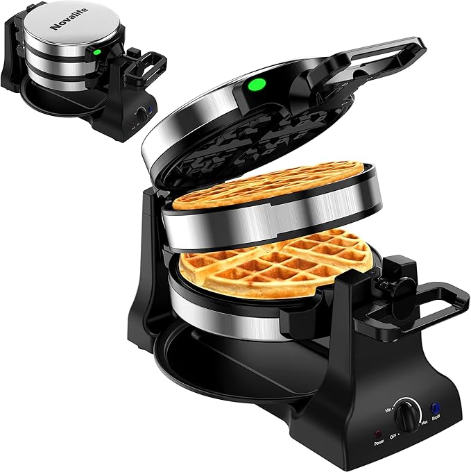 Waffle Maker, 1400W Belgian Waffle Maker, Double Waffle Iron 180° Flip, Rotating Nonstick Plates, Adjustable Browning Control, Locking Buckle & Cool Touch Handle, Removable Drip Tray, Stainless Steel
