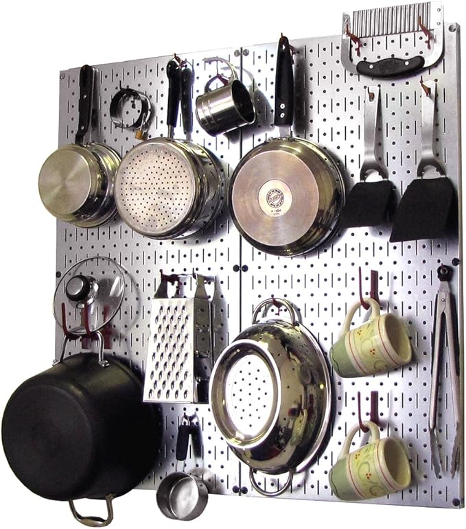 Wall Control Kitchen Pegboard Organizer Pots and Pans Storage Rack and Organization Kit with Metallic Silver Pegboard and Red Accessories