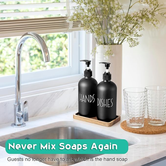 ALELION Black Dish Soap Dispenser Set for Kitchen - 16 OZ Hand Soap Dispenser with Pump and Acacia Wood Tray - for Black Kitchen Decor and Accessories
