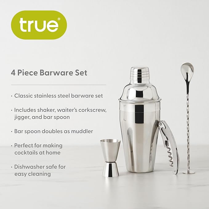True Bar Drink Mixer Set, 19oz 4-piece Cocktail Shaker Set Bartender Kit, Cocktail Mixer Set, Cocktail Shaker Kit, Barware Tool Sets, Bar Accessories, Silver