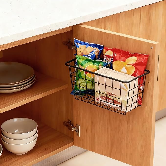 3 Set LeleCAT Adhesive Over the Cabinet Door Wire Baskets for Organizing for Kitchen Food Pantry Bathroom Shelf Storage No Drilling Wall Mounted,Black