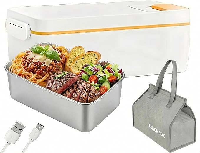 BJLIFE Cordless Electric Heated Lunch Box, Rechargeable Battery Powered Food Heater, 1L Portable Self Heating Food Warmer with Stainless Steel Inner Liner & Insulated Bag, for Men Women Work Travel