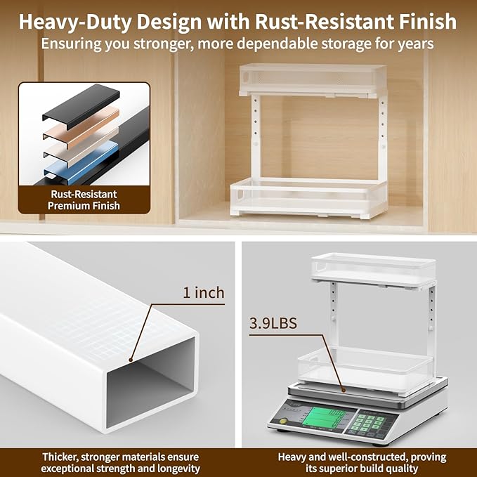 Under Sink Organizer 2 Pack, 2-Tier Slide Out Cabinet Organizer with Metal Sliding Drawer and Hooks, Pull Out Storage Baskets for Kitchen Bathroom Pantry Cabinet Organization (White)
